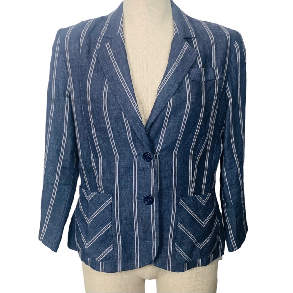 CAbi Linen Nautical Blazer Blue and White cropped casual style Size 6